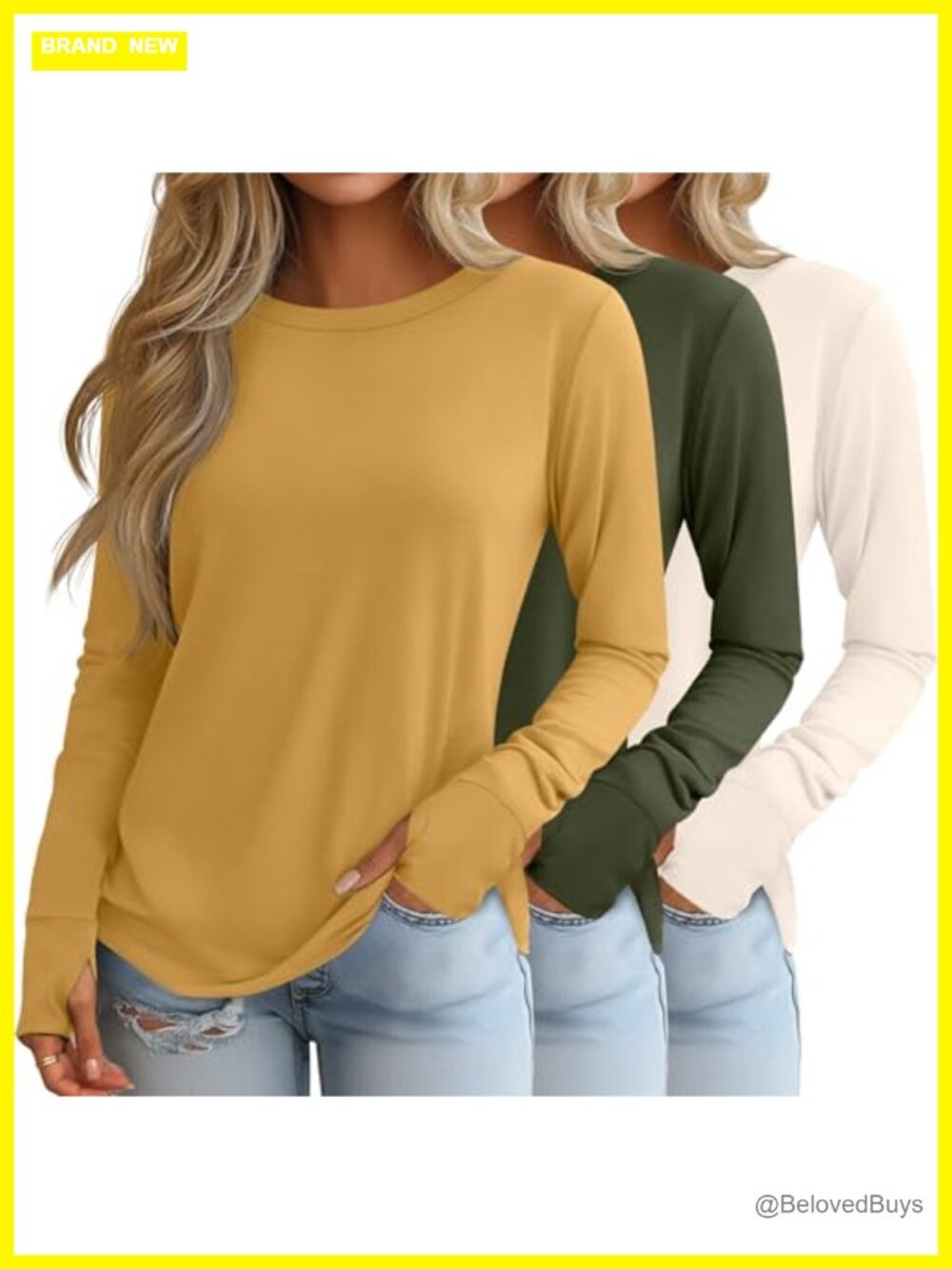 3 Pack Long Sleeve Cotton Shirts with Thumb Holes Crew Neck Tunic Tops